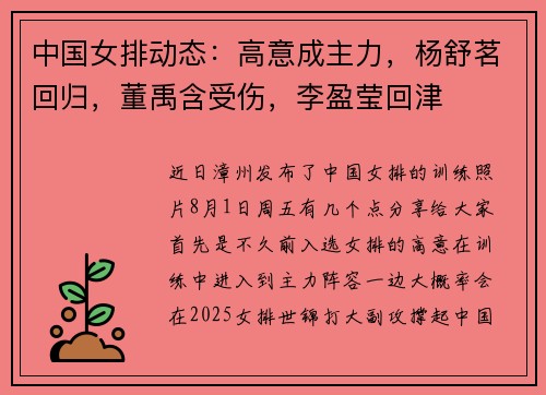 中国女排动态：高意成主力，杨舒茗回归，董禹含受伤，李盈莹回津